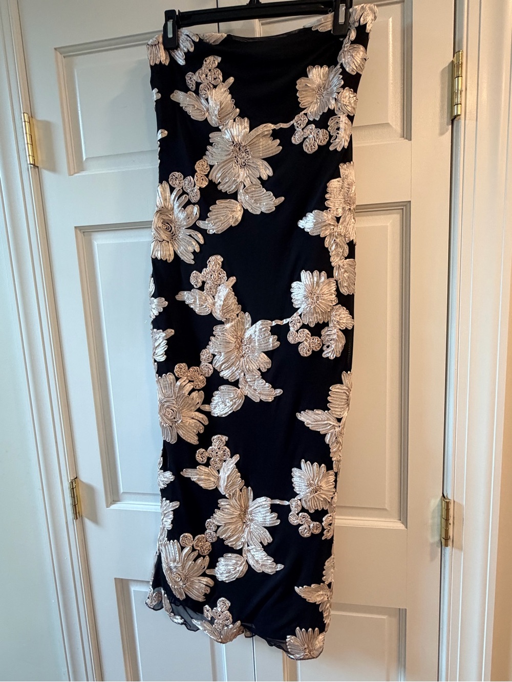 NWT Strapless Black Maxi Dress with Champagne Floral Appliqué
